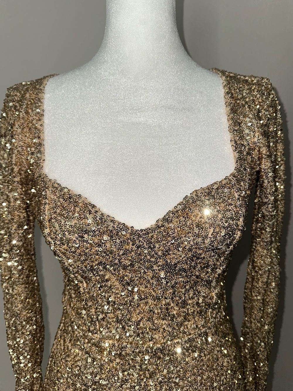 Oh Polly Gold Sequin Long-Sleeve Evening Dress